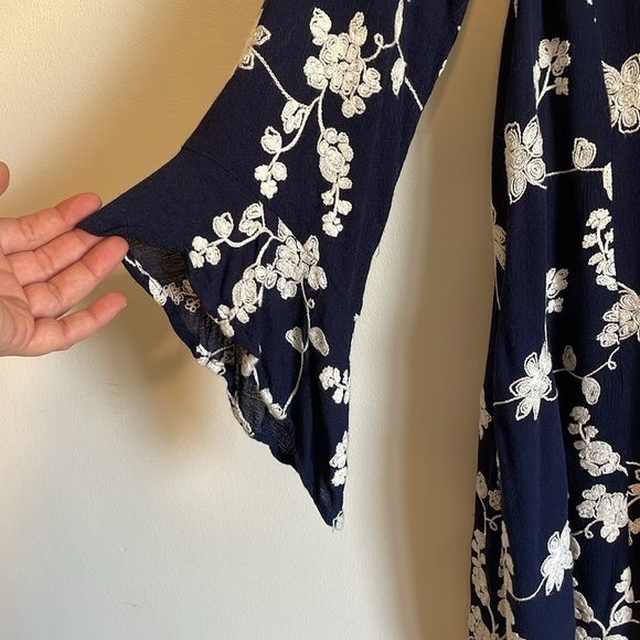 Boho Embroidered Mini Dress XS Bell Navy Swing Loose Classy Altar’d State Hippie - Picture 3 of 16